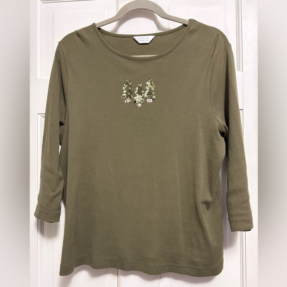 CJ Banks top Christmas Holiday Sequin t-shirt Spruce Trees green 100% Cotton